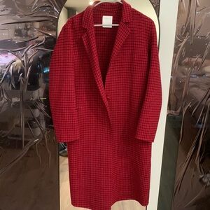 Sandro 98% Wool Coat in red plaid. Size 36, M.Very new